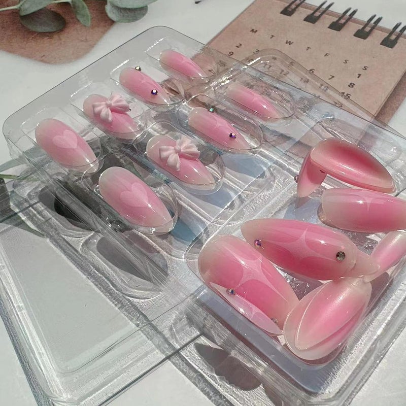 BSBTBZ Pink Gradient Press on Nails Fake Nails Almond-shaped blush Bow Star with Rhinestones Design Glossy Stick on Nails Acrylic Artificial Nails Oval False Nails for Women Girls DIY Manicure Decoration - Image 3